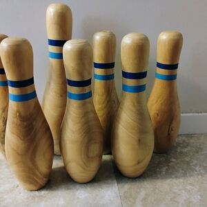 Vintage Set of 7 Solid Wood Skittles 8” Antique Style Bowling Pins Blue Stripe